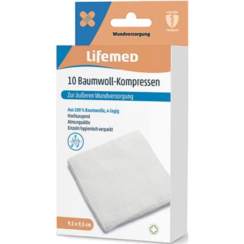 Lifemed Baumwoll-Kompressen 9,5 cm x 9,5 cm weiss 4-lagig 10 Stk