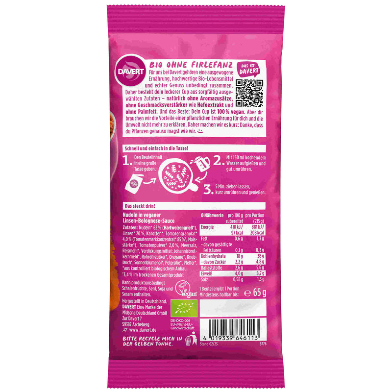 Davert Bio Noodle-Cup Linsen Bolognese 65g