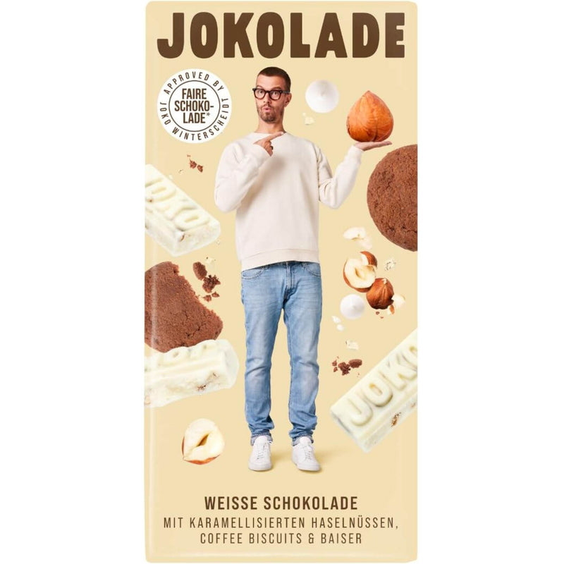 JOKOLADE No1 Weisse Schokolade mit karamelisierten Haselnusskernen, Keksstücken mit Kaffee & Baiser 140g Tafel