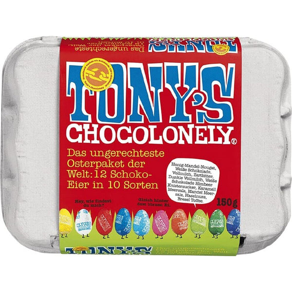 Tony's Chocolonely Easter Egg Box (Zartbitter-, Milch-, Weiße Schokolade mit Mandel-, Haselnuss-, Nougat-, Meersalzstücken- Karamell-, Brezel-, Himbeer-Knisterzucker) 150g
