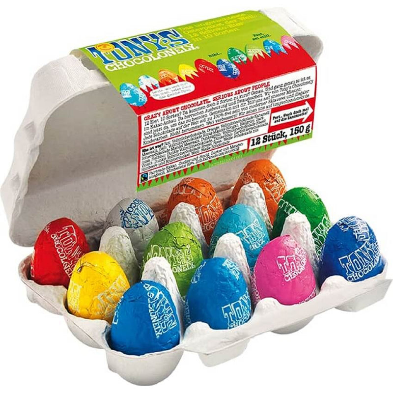 Tony's Chocolonely Easter Egg Box (Zartbitter-, Milch-, Weiße Schokolade mit Mandel-, Haselnuss-, Nougat-, Meersalzstücken- Karamell-, Brezel-, Himbeer-Knisterzucker) 150g