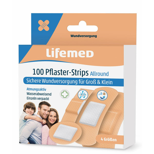 Lifemed plaster strips, skin-colored, all-round, 4 sizes, pack of 100