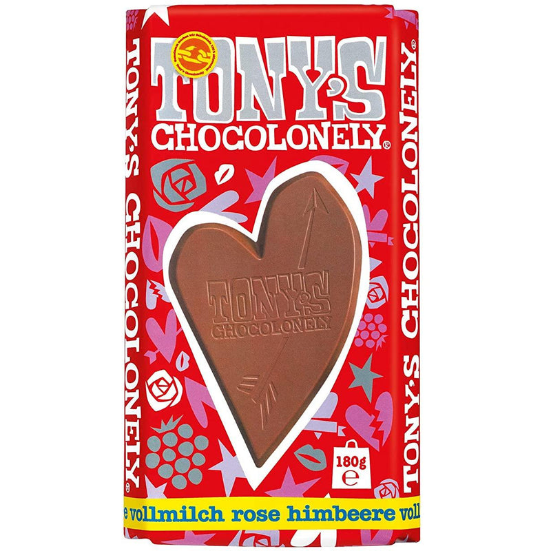 Tony's Chocolonely Vollmilchschokolade mit gefriergetrockneten Himbeeren und natürlichem Rosenaroma 180g