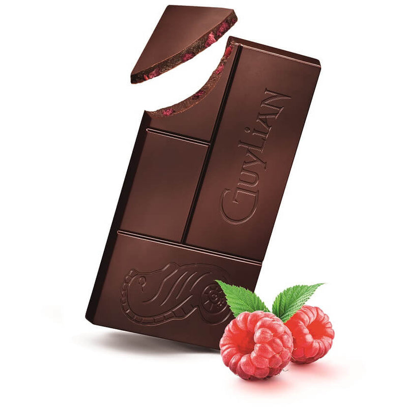 Guylian Belgische Premium Zartbitterschokolade 72% mit Himbeer-Stückchen 100g Tafel