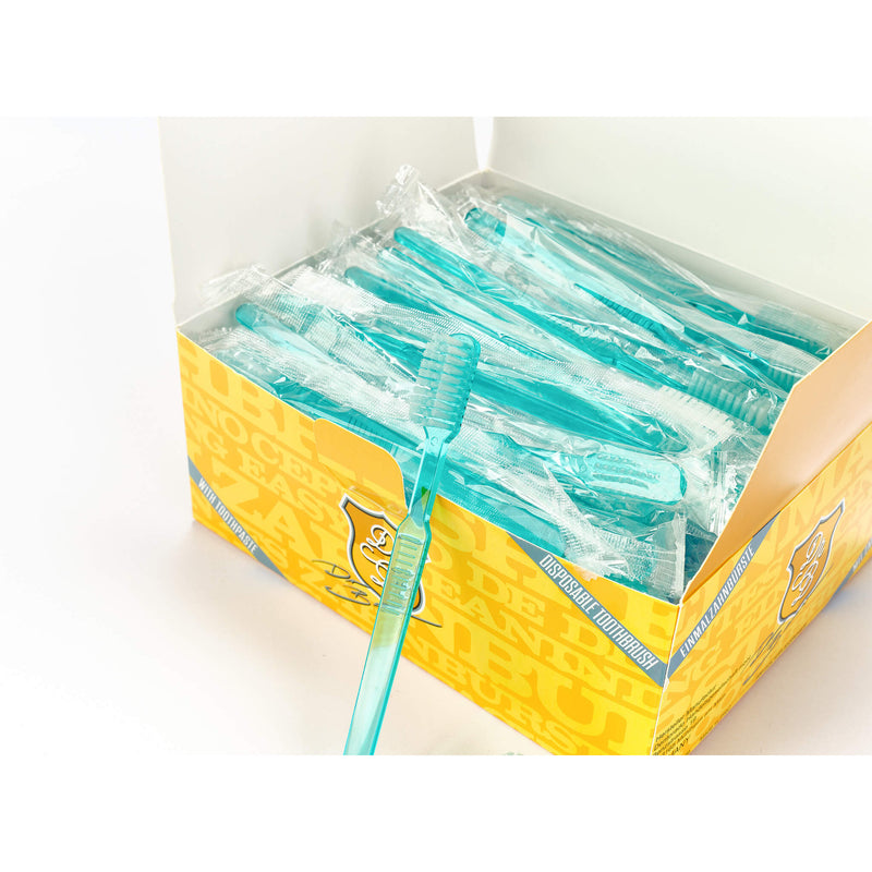 Dr. Bauer´s Einmalzahnbürsten mit Zahnpasta einzel verpackt 100er Packung MIX (blau-grün-rot-pink)