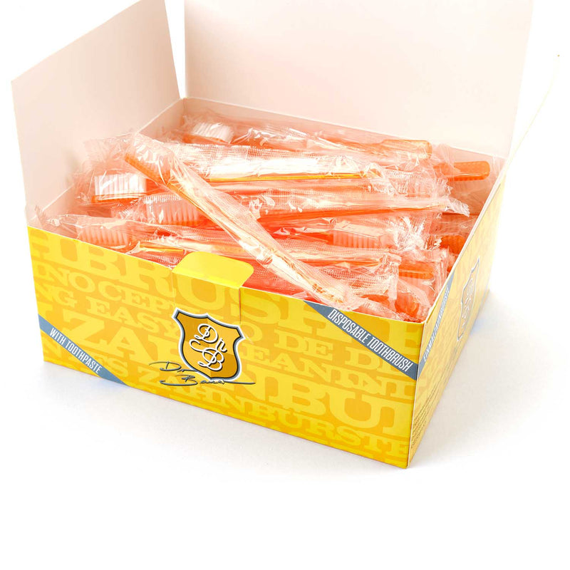 Dr. Bauer´s Einmalzahnbürsten mit Zahnpasta einzel verpackt 100er Packung orange