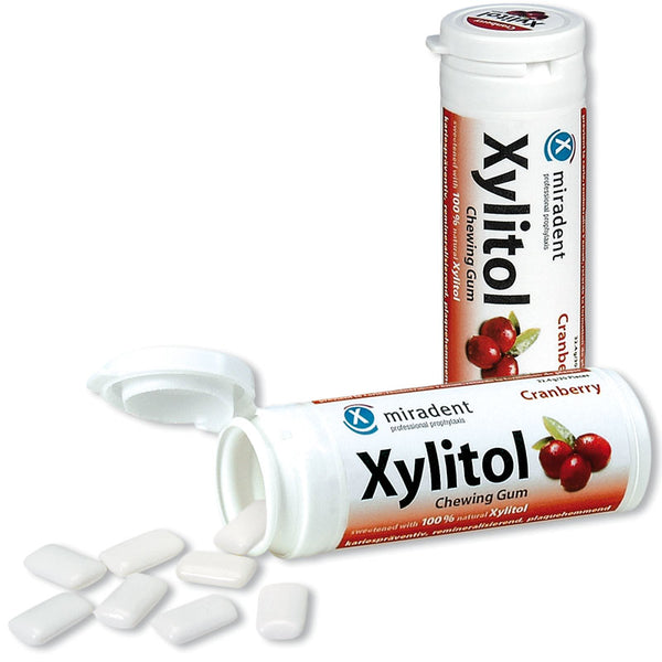 Miradent Xylitol Chewing Gum cuidado dental chicle 30 piezas lata arándano