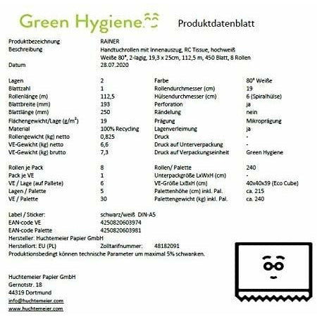Huchtemeier Green Hygiene hand towel rolls inside development Rainer 8 rolls, 2-ply (8x 450 sheets)